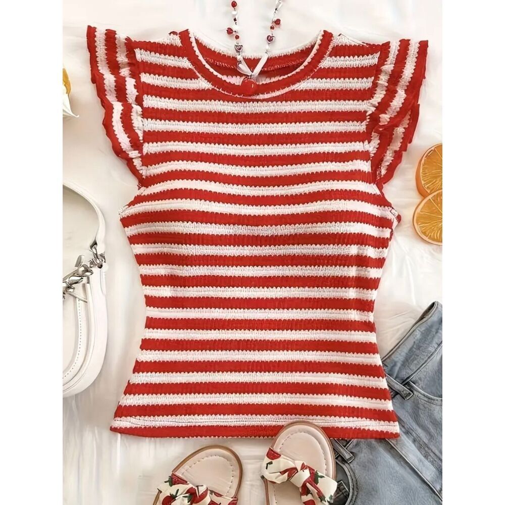 Comfy Casual Red and Cream Striped Crochet Stretchy Waffle Weave Knit Top Sz L